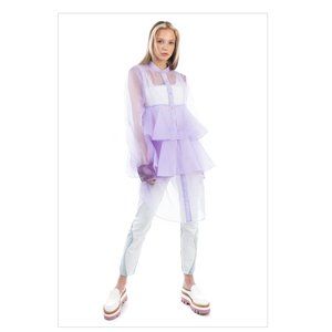 MOON LEE Organza Shirt Dress Size L Tiered Ruffle Trim See Through